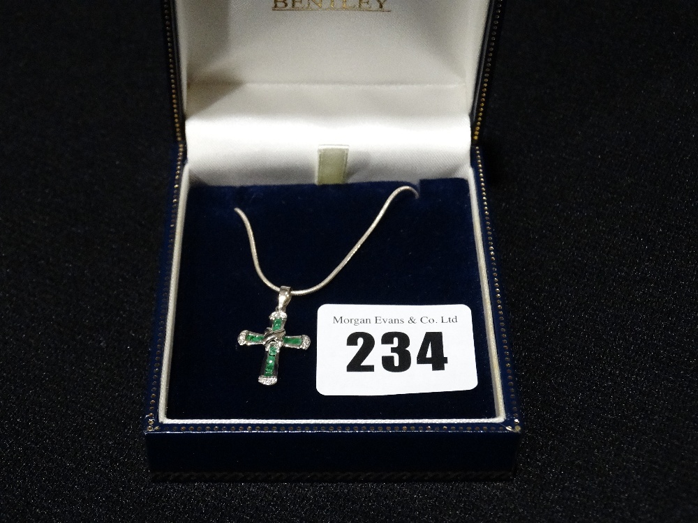 A Brooks & Bentley 9ct White Gold Cross Pendant Set With Emerald & Diamond