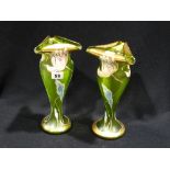 A Pair Of Art Nouveau Period Circular Base Green Glass Vases With Gilt & Floral Stylized