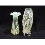 Two Victorian Green Tinted & Floral Decorated Glass Vases
