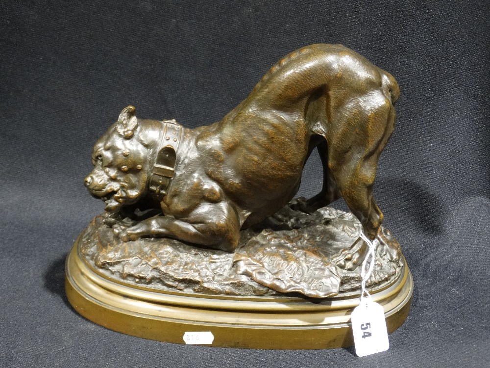 A Well Cast Bronze Study Of A Bull Mastiff Gnawing At A Bone Signed P Lecourtier, 12" Across, 10"
