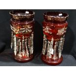 A Pair Of Victorian Ruby Glass Drop Lustre Vases, 14" High