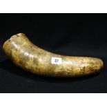 An 18th Century Agricultural Grit Horn With Extensive Primitive Carved Graffiti, Length 13"