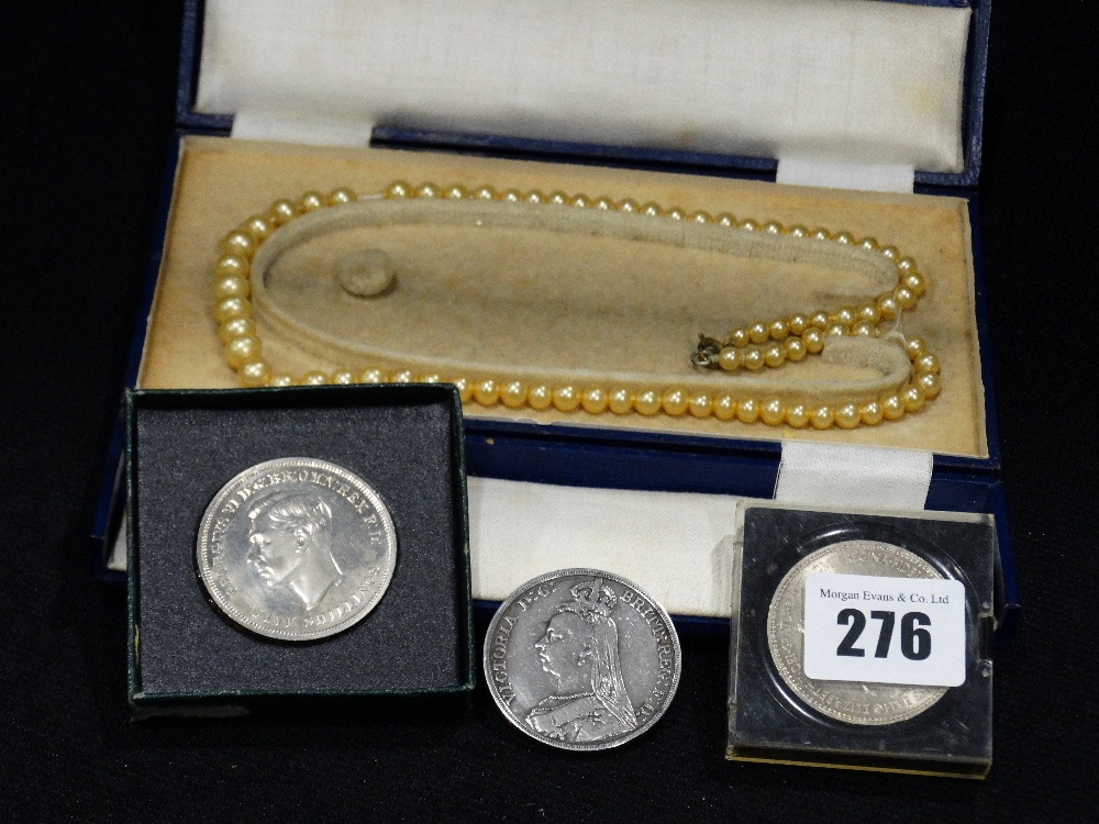 An 1889 Victorian Silver Crown, Together With Further Coinage & A Simulated Pearl Bead Necklace