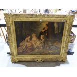 A Victorian Print On Card Of Ladies In Conversation Within An Ornate Gilt Frame, 26" X 33" Picture