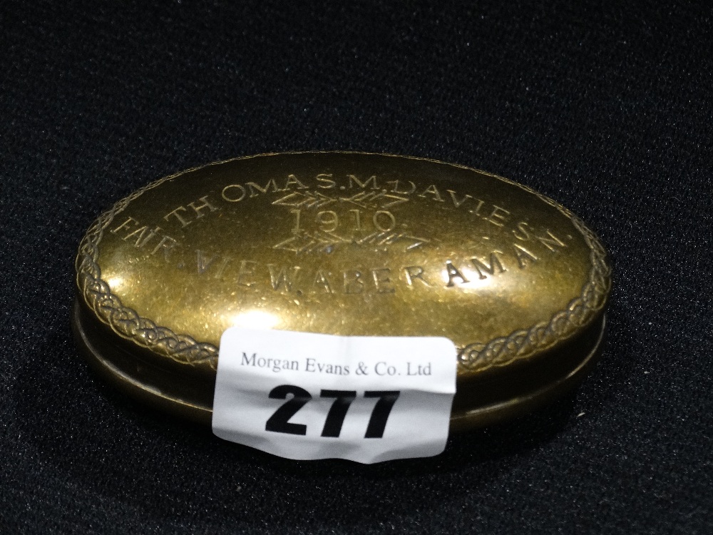 An Oval Brass Quarrymans Snuff Box For Thomas M Davies, Fairview, Aberaman Dated 1910