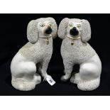 A Good Pair Of 19th Century Staffordshire Pottery Seated Poodles With Separate Leg, 11" High