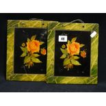 A Pair Of Welsh Slate Wall Plaques With Marble Effect Borders & Printed Floral Centre