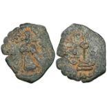 Arab-Byzantine, ‘Abd al-Malik b. Marwan, fals, unread mint, standing caliph, rev., modified cross-