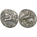 Akragas, tetradrachm, c. 410-406 BC, charioteer driving fast quadriga right, with robes billowing