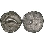 Zankle-Messana, drachm, c. 520-500 BC, dolphin swimming left within sickle-shaped harbour of Zankle;