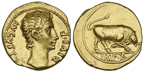 Augustus (27 BC-AD 14), aureus, Lugdunum, 15-13 BC, AVGVSTVS DIVI F, bare head right, rev., IMP X,