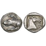 Thessaly, Perrhaiboi, obol, c. 460 BC, forepart of wolf to left; above, monogram, rev., ΠΕ, head