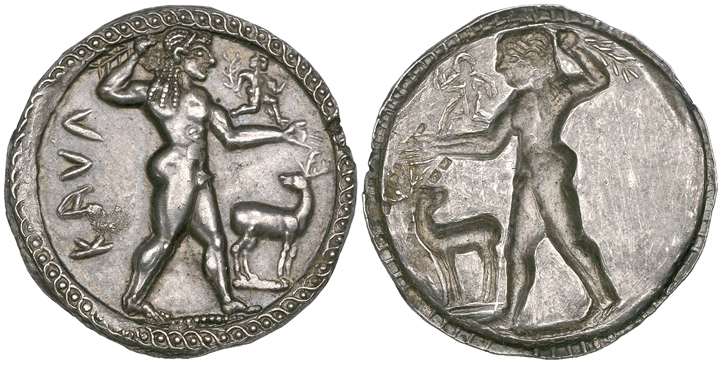 Bruttium, Caulonia, stater, c. 525-500 BC, ΚΑΥΛ, Apollo, naked, standing right with branch in