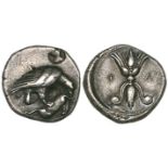 Elis, Olympia, hemidrachm, c. 420 BC (90th Olympiad), eagle with closed wings, holding dead hare and