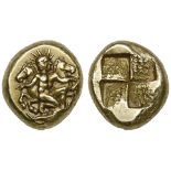 Mysia, Kyzikos, electrum hekte, c. 410 BC, naked Helios kneeling right holding foreparts of two