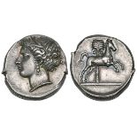 Siculo-Punic coinage, Entella, tetradrachm, c. 330-320 BC, head of Tanit left, hair wreathed with