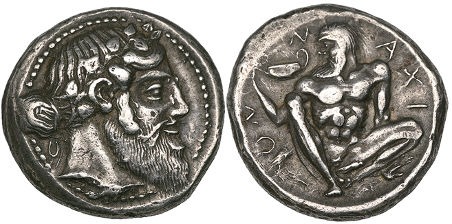 Naxos, tetradrachm, c. 460 BC, by the Aetna Master, bearded head of Dionysos right wearing ivy