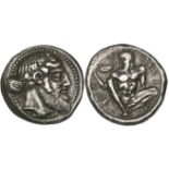 Naxos, tetradrachm, c. 460 BC, by the Aetna Master, bearded head of Dionysos right wearing ivy