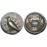 Akragas, didrachm, c. 495-485 BC, eagle standing left with closed wings; around, ΑΚΡΑ-CΑΣ, rev.,