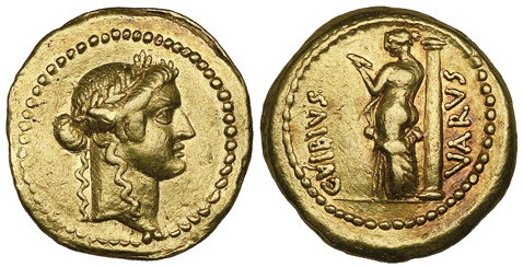 C. Vibius Varus, aureus, Rome, 42 BC, laureate head of Apollo right, rev., C VIBIVS VARVS, Venus