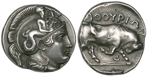 Lucania, Thurium, stater, c. 390 BC, head of Athena right wearing crested Attic helmet adorned