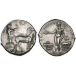 Selinos, tetradrachm, c. 417-409 BC, Artemis driving quadriga right with Apollo standing beside
