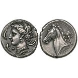 Siculo-Punic coinage, Entella, tetradrachm, c. 320-300 BC, head of Tanit left wreathed with barley