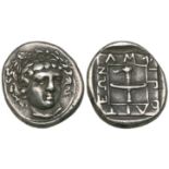 Macedonia, Amphipolis, drachm, c. 380 BC, laureate head of Apollo facing three-quarters right, rev.,