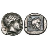 Mysia, Pergamon, diobol, c. 400-380 BC, laureate head of Apollo right, rev., ΠΕΡΓ, bearded head of