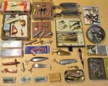Large collection of Lures: incl early black japanned lure box containing 4x various swallowtail