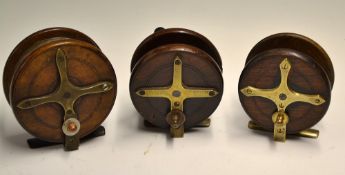 Various Nottingham brass star back wooden reel (3): to include 3 ½ inch wide drum with Slater