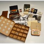 Fly Tying Equipment: A box of including various tools and 2 vices, plus a Pearsells box of tying