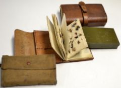 Collection of leather and other fly wallets, and flies: to incl 2x pigskin/parchment fly wallets one