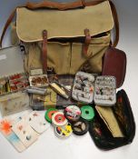 Large canvass and leather fishing tackle bag and accessories: to incl various wallets and boxes