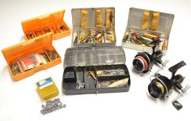 Collection of Mitchell Spinning reels and spinning baits: 2x Mitchell 300 fixed spool reels both