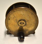 Early Reel: W Garden, Aberdeen 4" brass plate wind salmon real - with fat dark stained handle,