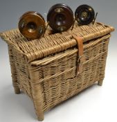 Collection of Nottingham wooden and brass reels and wicker tackle basket (4): interesting 3.75"