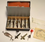 Collection of Hardy and other lures; matt black japanned lure /cast box with leather cast wallet