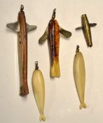 Lures (5): 3x Handcrafted Bone Baits together with a Milne Celluloid bait and Hardy Devon all loose