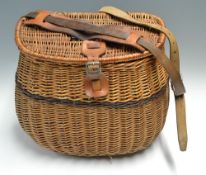 Large bow front wicker fishing tackle basket: with quality leather lid strap, leather lace hinges