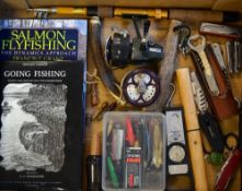 Treasure trove of gun/ fishing tackle: Olympic extending travel fishing rod and reel, 2 books,