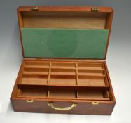 Large Varnished Tackle Box: with hinged lid, to reveal 2x removable fitted compartment trays c/w