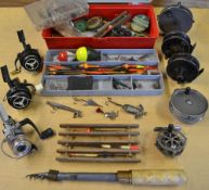 Collection of various reels, tackle box, floats, lures et al: 8x various reels to include American
