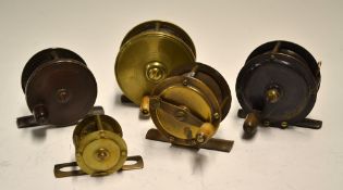 Collection of brass crank and plate wind reels (5): 3x crank wind reels incl dinky 1 3/8" x 1",