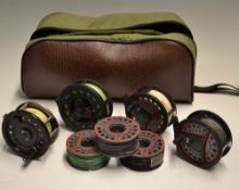 Reels & Reel Case: 2x L.C Leeda graphite fly reels c/w 3 spare spools and lines all contained in