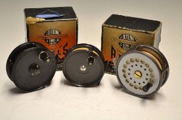 Reels (3): J.W Young "Pridex" 4" salmon fly reel, unused condition, silk line in card maker's box,