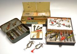 Large collection of fishing lures and boxes: 4x early boxes incl 3x black japanned and Hockley