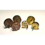 Collection of various brass and tin plate reels (6): Wilkes Osprey Brand 3" reel with pillar drum
