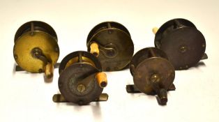 Collection of brass crank wind reels (5): 3x 2" incl a wide drum, and another stamped A.W Gamage