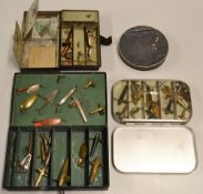 Collection of black japanned and alloy tackle boxes (3): 2x black japanned tackle and modern alloy